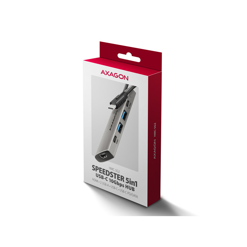 AXAGON HMC-5G2, USB 10Gbps húb, porty 2x USB-A, 2x USB-C, HDMI 4k/60, PD 100W, kábel USB-C 13cm