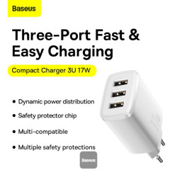 NONAME - Baseus nabíjačka do siete Compact 3xUSB 17W biela
