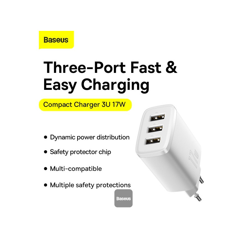 NONAME - Baseus nabíjačka do siete Compact 3xUSB 17W biela