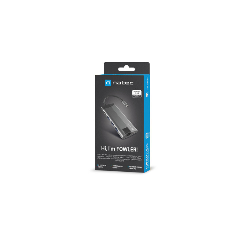 Natec multiport adaptér FOWLER PLUS HUB 8v1, USB 3.0 3X, HDMI 4K, USB-C PD, RJ45, SD, MICRO