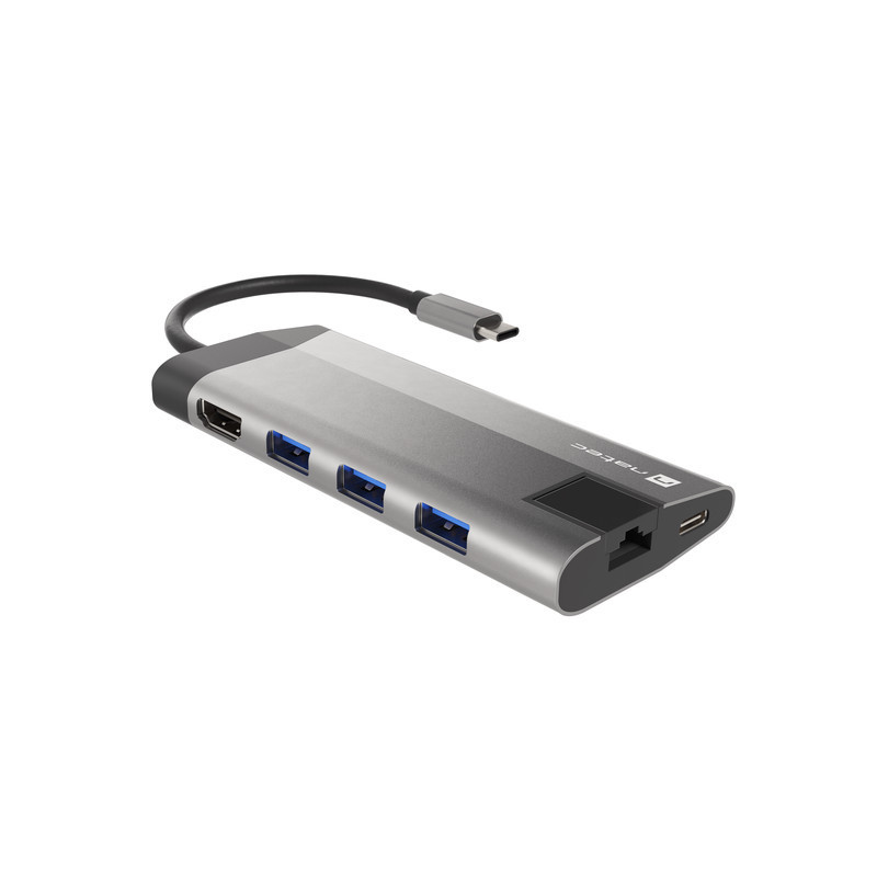 Natec multiport adaptér FOWLER PLUS HUB 8v1, USB 3.0 3X, HDMI 4K, USB-C PD, RJ45, SD, MICRO