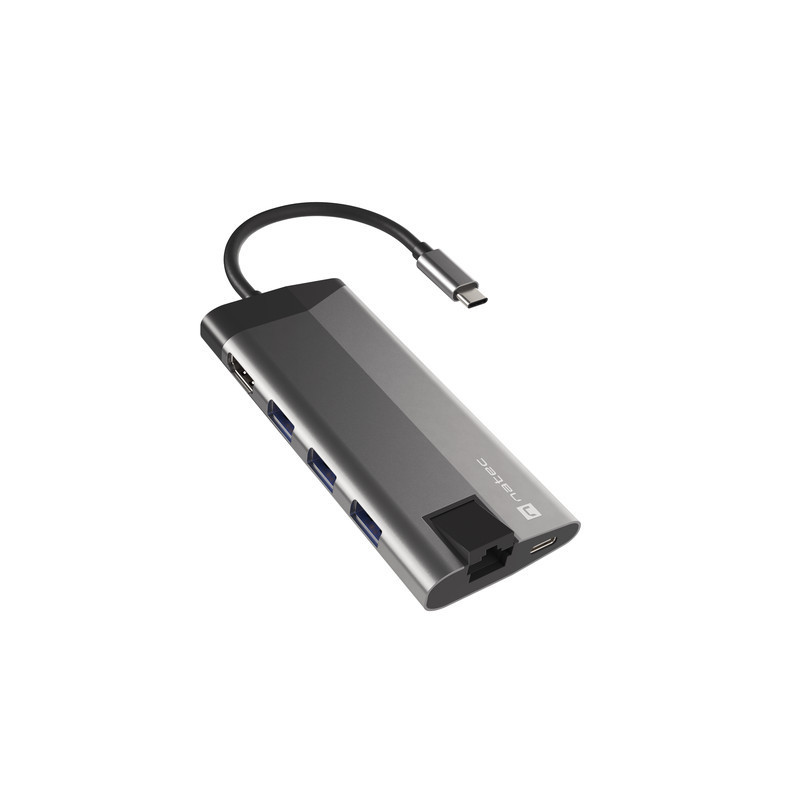 Natec multiport adaptér FOWLER PLUS HUB 8v1, USB 3.0 3X, HDMI 4K, USB-C PD, RJ45, SD, MICRO