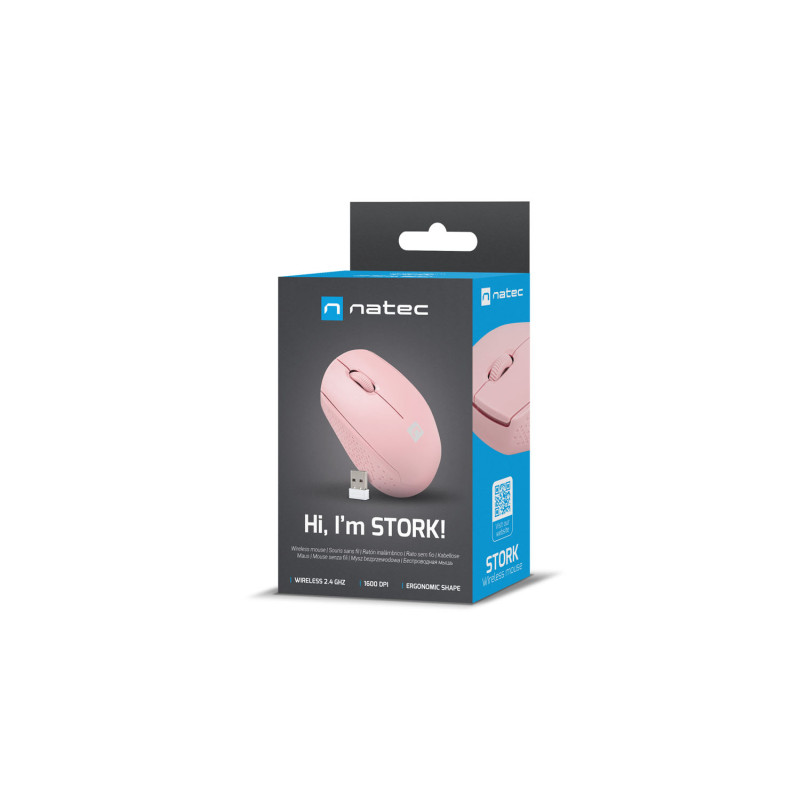 Myš Natec STORK/Kancelárska/Optická/1 600 DPI/Bezdrôtová USB/Ružová