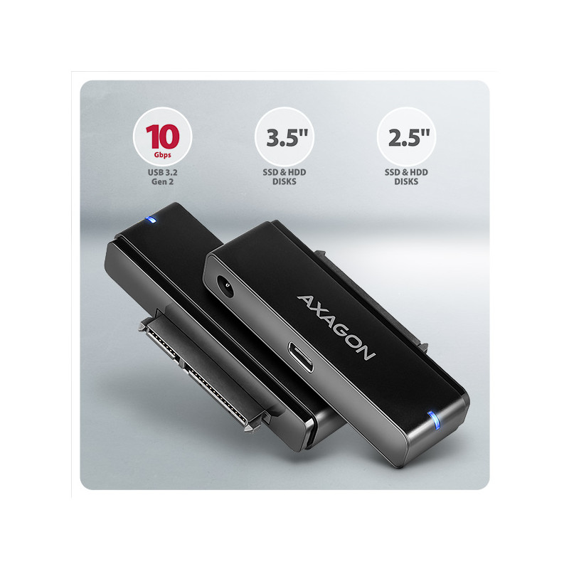 AXAGON ADSA-FPX, USB-C 10Gbps - SATA 6G, 2.5''/3.5'' SSD/HDD FAST PORT X adaptér, vr. AC napájače