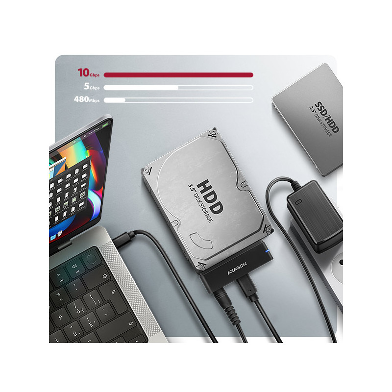 AXAGON ADSA-FPX, USB-C 10Gbps - SATA 6G, 2.5''/3.5'' SSD/HDD FAST PORT X adaptér, vr. AC napájače