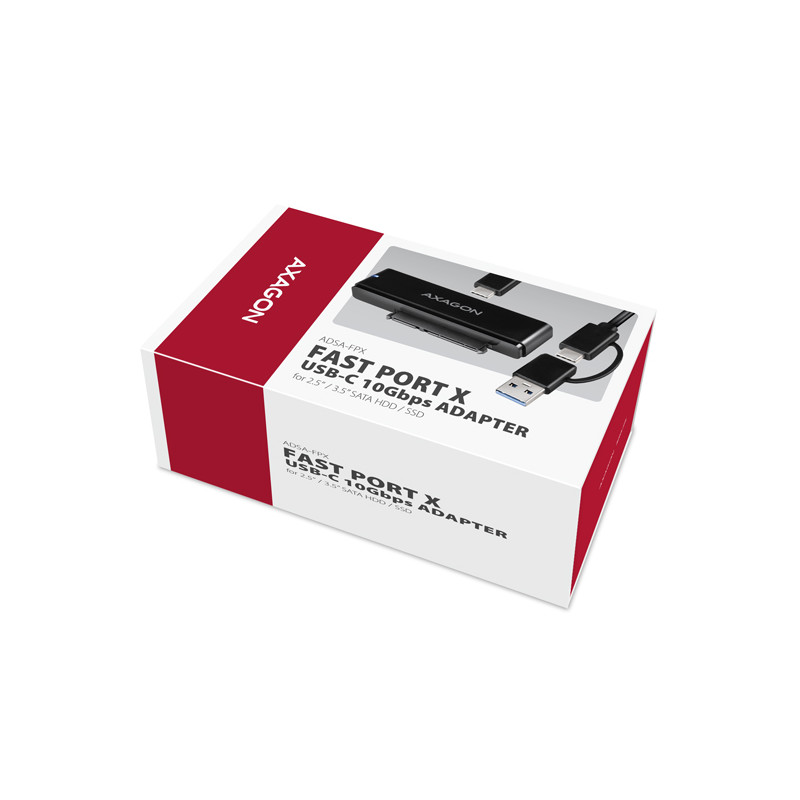 AXAGON ADSA-FPX, USB-C 10Gbps - SATA 6G, 2.5''/3.5'' SSD/HDD FAST PORT X adaptér, vr. AC napájače