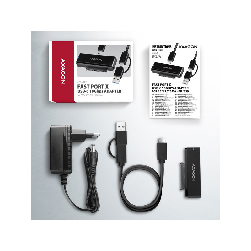 AXAGON ADSA-FPX, USB-C 10Gbps - SATA 6G, 2.5''/3.5'' SSD/HDD FAST PORT X adaptér, vr. AC napájače