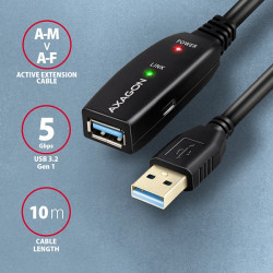 AXAGON ADR-310, USB 3.2 Gen 1 A-M - A-F aktívny predlžovací / repeater kábel, 10m