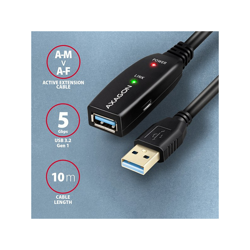 AXAGON ADR-310, USB 3.2 Gen 1 A-M - A-F aktívny predlžovací / repeater kábel, 10m