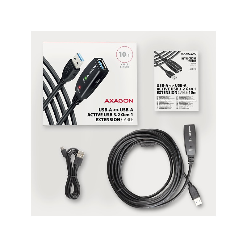 AXAGON ADR-310, USB 3.2 Gen 1 A-M - A-F aktívny predlžovací / repeater kábel, 10m