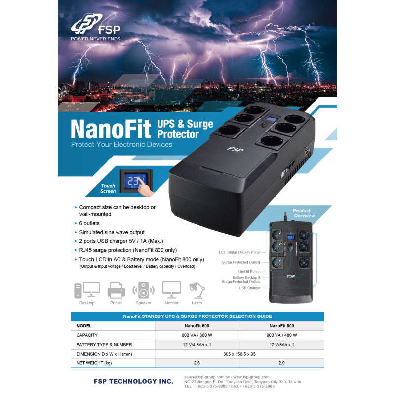 FSP UPS NanoFit 600, 600 VA / 360 W, 2xUSB power, LED, offline