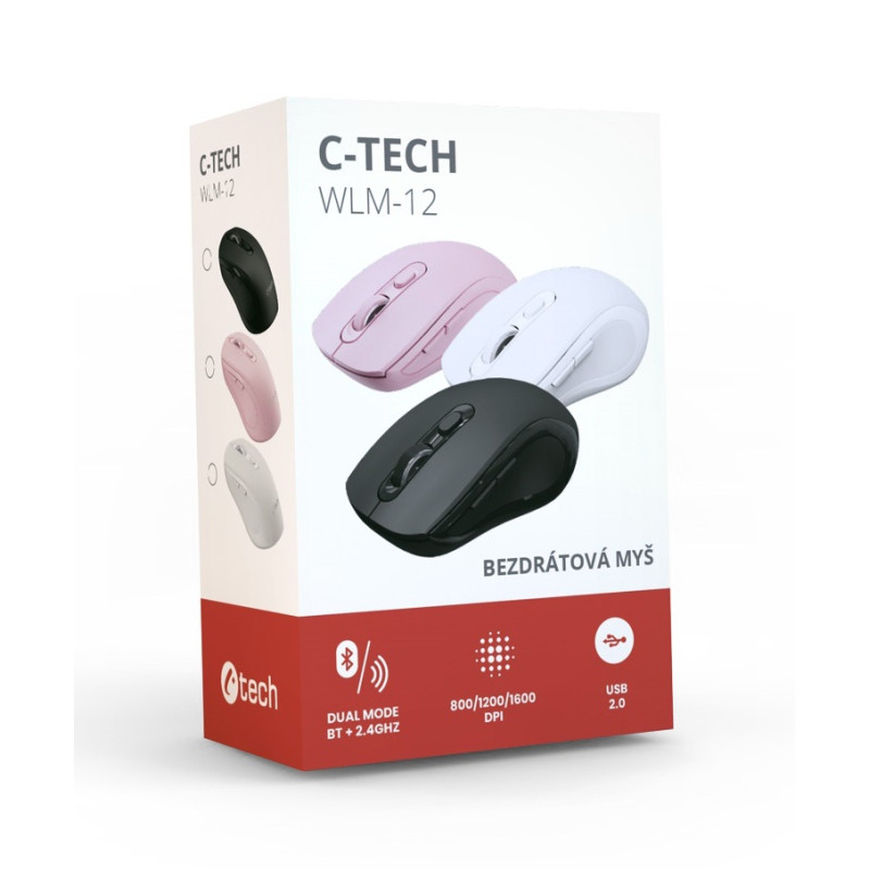 C-TECH WLM-12BK/Ergonomická/Optická/Pre pravákov/1 600 DPI/USB+BT/Čierna