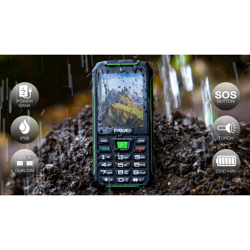 EVOLVEO StrongPhone W4, IP68 odolný Dual SIM telefón, 2,8'' LCD, 2500mAh, Powerbanka, černo-zelený