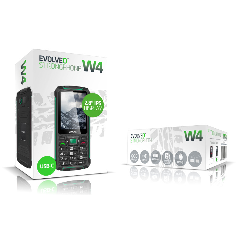 EVOLVEO StrongPhone W4, IP68 odolný Dual SIM telefón, 2,8'' LCD, 2500mAh, Powerbanka, černo-zelený