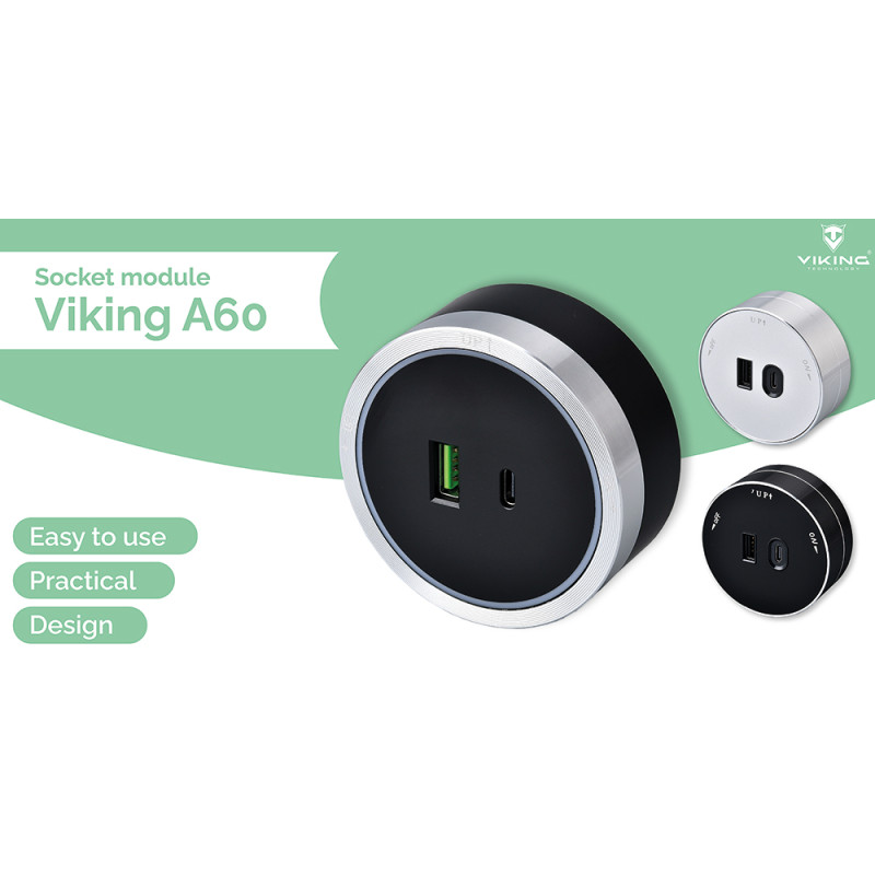 Zásuvkový modul Viking A60S, striebra/výstupy - 1xUSB-A, 1xUSB-C/výkon až 2500W/230V,16A,50Hz