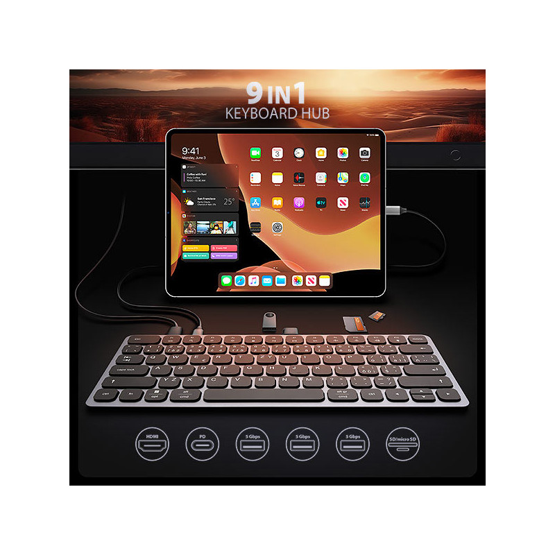 AXAGON HMC-KB-CS, USB 5Gbps húb s klávesnicou CZ/SK, HDMI 4K/60Hz, 3x USB-A, SD/mSD, audio, PD 100W