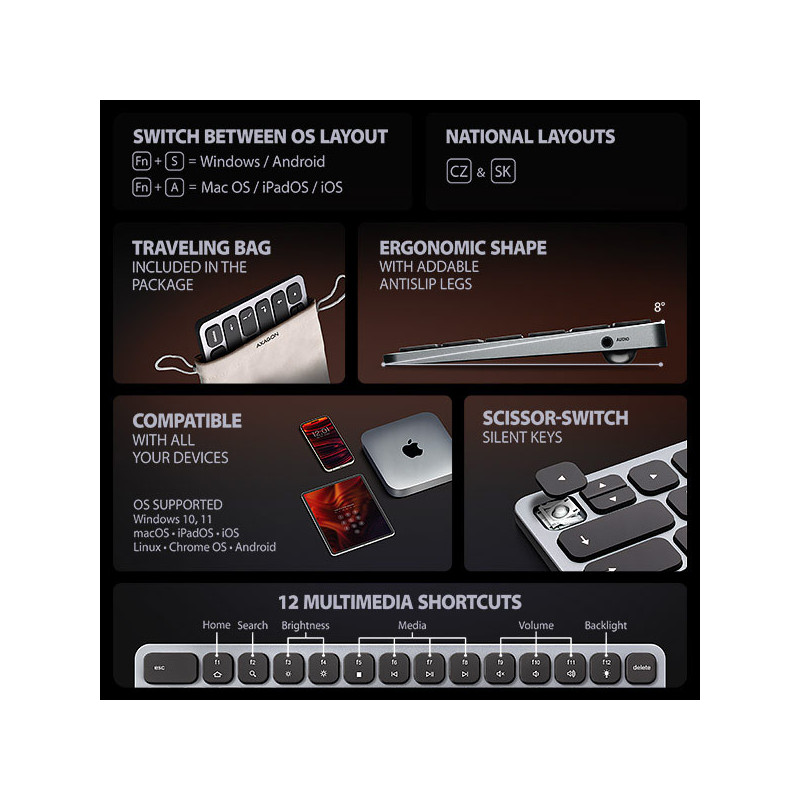 AXAGON HMC-KB-CS, USB 5Gbps húb s klávesnicou CZ/SK, HDMI 4K/60Hz, 3x USB-A, SD/mSD, audio, PD 100W