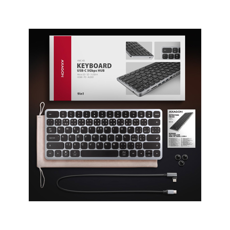 AXAGON HMC-KB-CS, USB 5Gbps húb s klávesnicou CZ/SK, HDMI 4K/60Hz, 3x USB-A, SD/mSD, audio, PD 100W