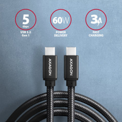 AXAGON BUCM3-CM20AB, SPEED kábel USB-C -- USB-C, 2m, USB 3.2 Gen 1, PD 60W 3A, ALU, oplet, čierny