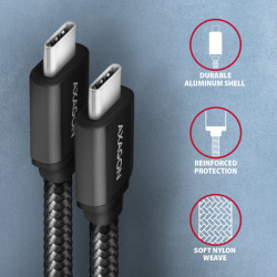AXAGON BUCM3-CM20AB, SPEED kábel USB-C -- USB-C, 2m, USB 3.2 Gen 1, PD 60W 3A, ALU, oplet, čierny