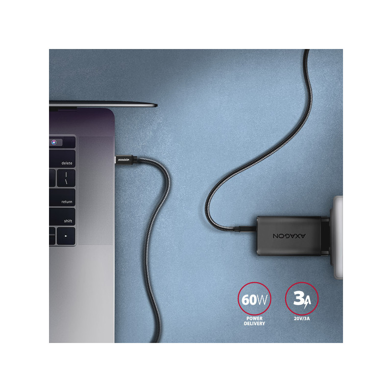 AXAGON BUCM3-CM20AB, SPEED kábel USB-C -- USB-C, 2m, USB 3.2 Gen 1, PD 60W 3A, ALU, oplet, čierny