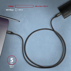 AXAGON BUCM3-CM20AB, SPEED kábel USB-C -- USB-C, 2m, USB 3.2 Gen 1, PD 60W 3A, ALU, oplet, čierny