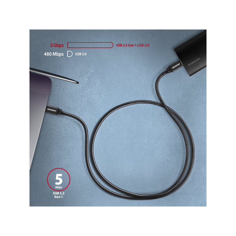 AXAGON BUCM3-CM20AB, SPEED kábel USB-C -- USB-C, 2m, USB 3.2 Gen 1, PD 60W 3A, ALU, oplet, čierny
