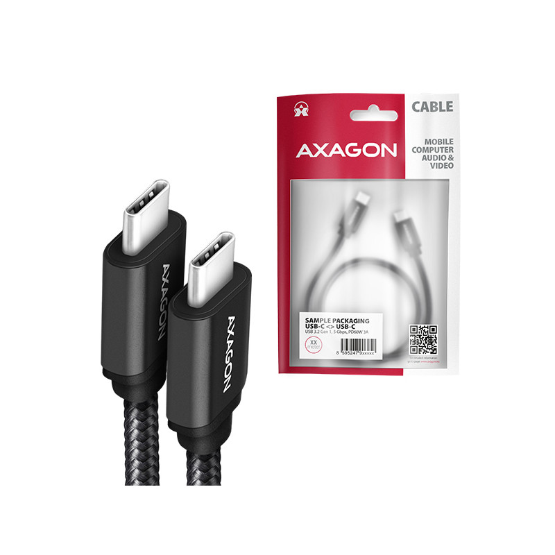 AXAGON BUCM3-CM20AB, SPEED kábel USB-C -- USB-C, 2m, USB 3.2 Gen 1, PD 60W 3A, ALU, oplet, čierny