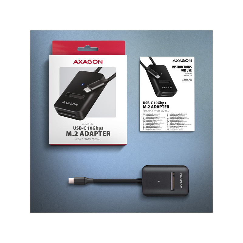 AXAGON ADM2-CM USB-C 10Gbps - M.2 NVMe & SATA SSD adaptér, kábel USB-C 10cm