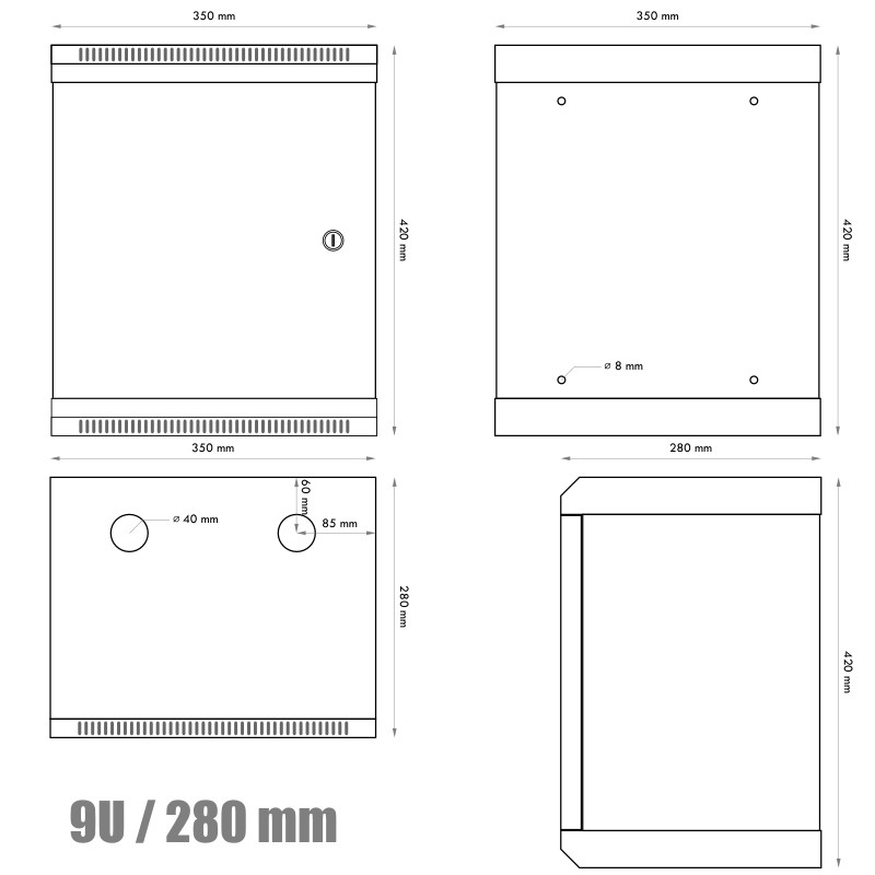 10'' rack jednodielny 9U/280 DATACOM sivý plech.dv.