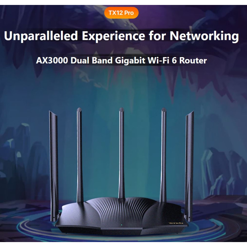 Tenda TX12 Pro AX3000 WiFi 6 Router, 1x GWAN, 3x GLAN, IPv6, 5x 6dBi, WPA3, Mesh, SK app