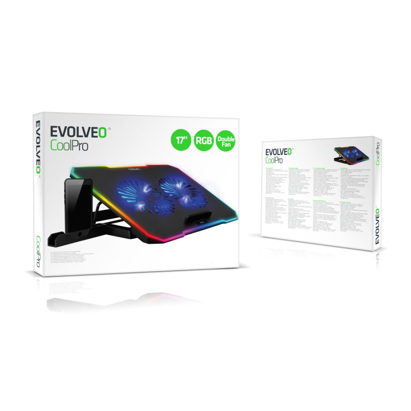 EVOLVEO CoolPro, chladiaca podložka pod notebook, 2x ventilátor, RGB podsvietenie, čierna