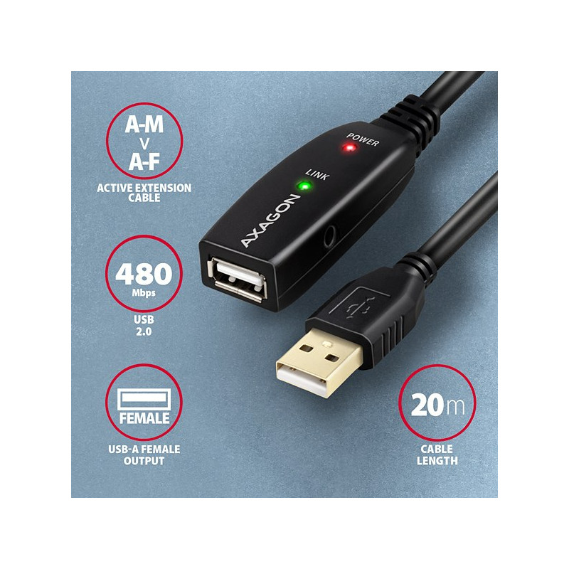 AXAGON ADR-220, USB 2.0 A-M - A-F aktívny predlžovací / repeater kábel, 20m