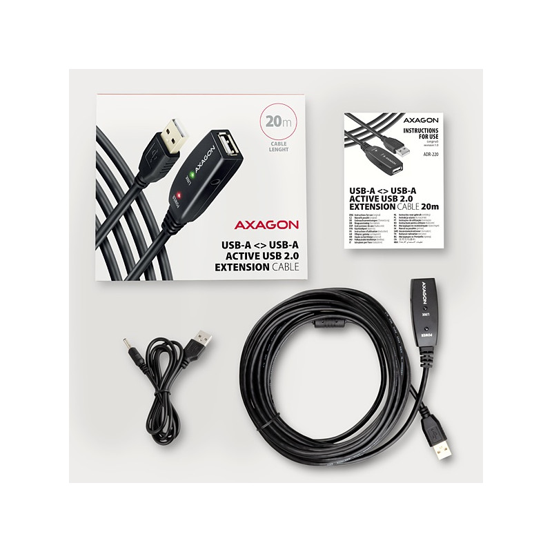 AXAGON ADR-220, USB 2.0 A-M - A-F aktívny predlžovací / repeater kábel, 20m