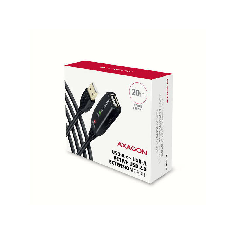 AXAGON ADR-220, USB 2.0 A-M - A-F aktívny predlžovací / repeater kábel, 20m