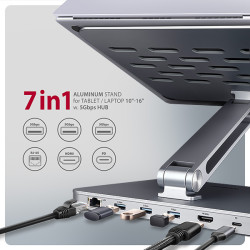 AXAGON HMC-STND, stojan pre 10''-17'' notebooky, USB 5Gbps húb, 3x USB-A, HDMI 4k/60Hz, RJ-45, PD 100W