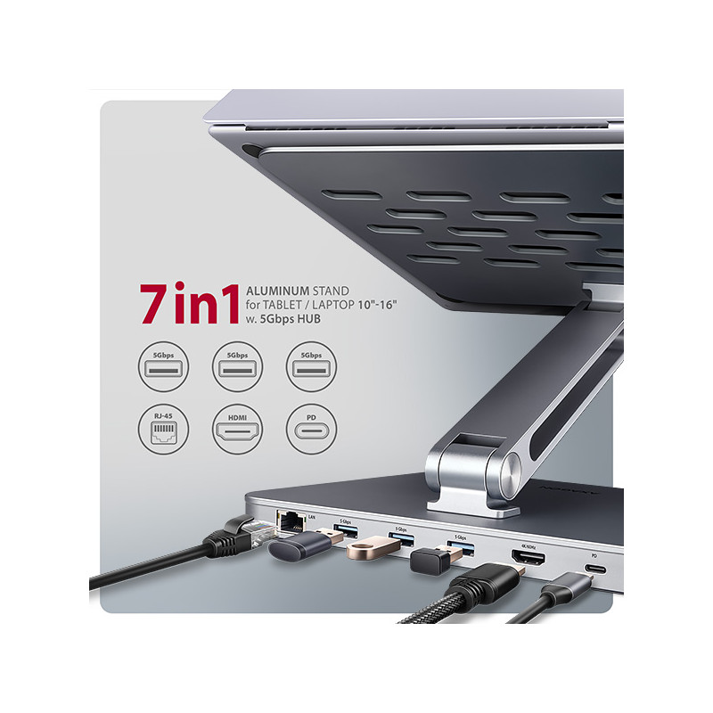 AXAGON HMC-STND, stojan pre 10''-17'' notebooky, USB 5Gbps húb, 3x USB-A, HDMI 4k/60Hz, RJ-45, PD 100W