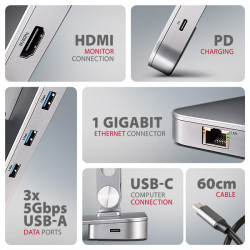 AXAGON HMC-STND, stojan pre 10''-17'' notebooky, USB 5Gbps húb, 3x USB-A, HDMI 4k/60Hz, RJ-45, PD 100W