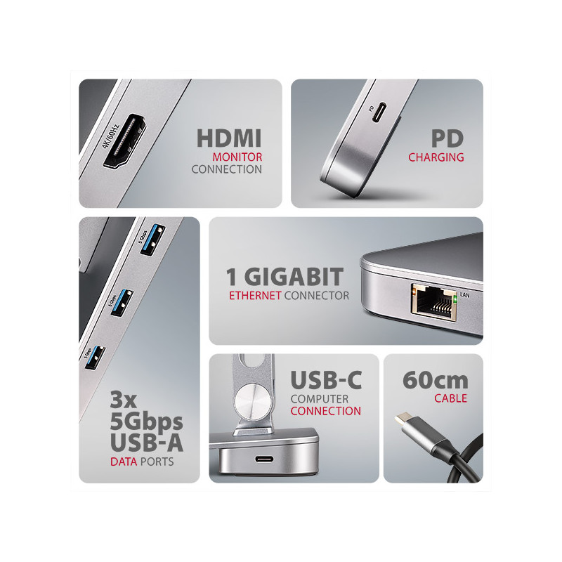 AXAGON HMC-STND, stojan pre 10''-17'' notebooky, USB 5Gbps húb, 3x USB-A, HDMI 4k/60Hz, RJ-45, PD 100W