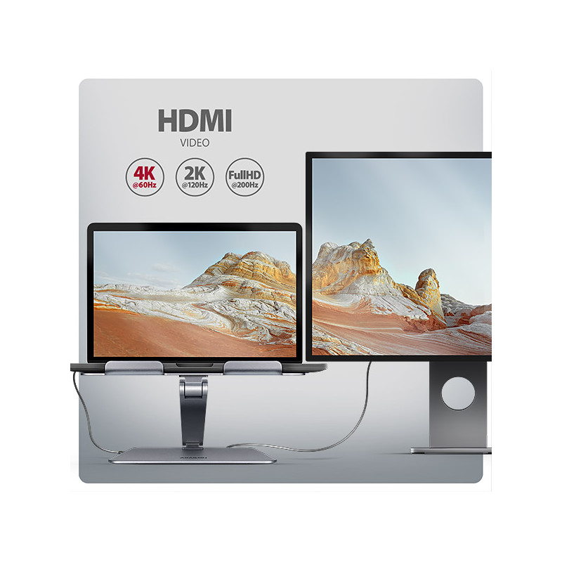 AXAGON HMC-STND, stojan pre 10''-17'' notebooky, USB 5Gbps húb, 3x USB-A, HDMI 4k/60Hz, RJ-45, PD 100W