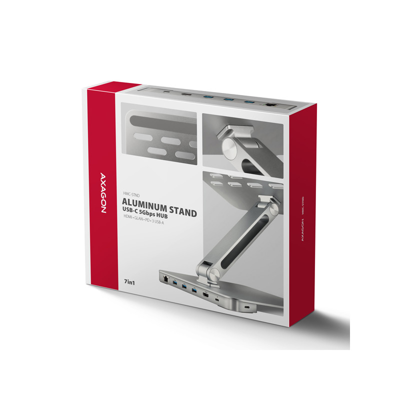 AXAGON HMC-STND, stojan pre 10''-17'' notebooky, USB 5Gbps húb, 3x USB-A, HDMI 4k/60Hz, RJ-45, PD 100W