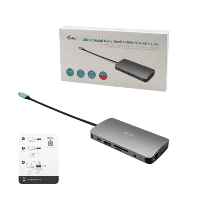 i-tec USB-C Metal Nano Dock HDMI/VGA s LAN, Power Delivery 100 W + zdroj 100W