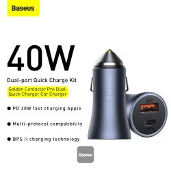NONAME - Baseus rýchlonabíjačka do auta Golden Contractor Pro Dual USB+USB-C 40W tmavo šedá