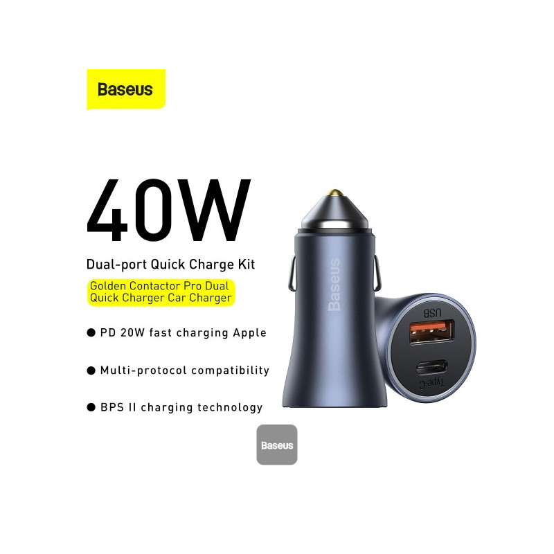 NONAME - Baseus rýchlonabíjačka do auta Golden Contractor Pro Dual USB+USB-C 40W tmavo šedá