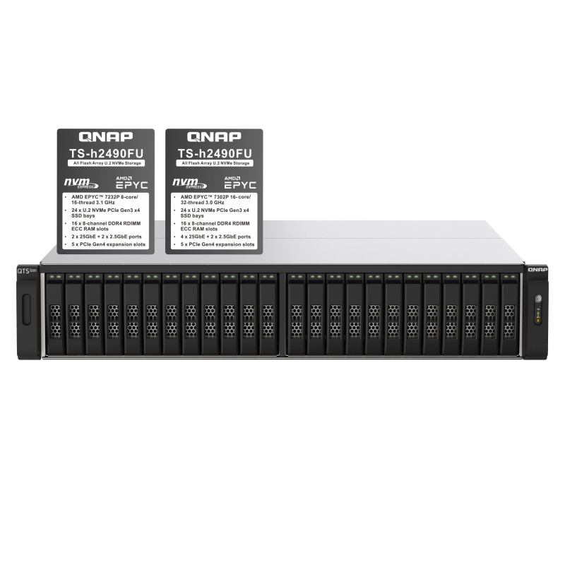 QNAP TS-h2490FU-7232P-32G (AMD EPYC, ZFS, 32GB ECC RAM, 24x 2,5'' U.2, 2x 2,5GbE, 4x 25Gb SFP28)