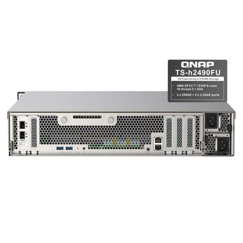 QNAP TS-h2490FU-7232P-32G (AMD EPYC, ZFS, 32GB ECC RAM, 24x 2,5'' U.2, 2x 2,5GbE, 4x 25Gb SFP28)