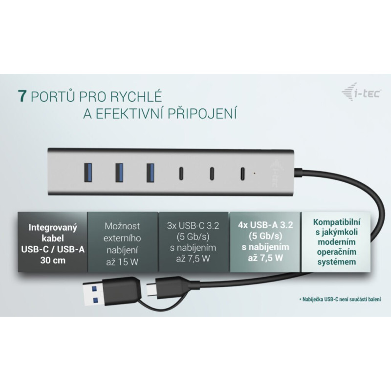 i-tec USB-C/USB-A Charging Metal HUB 7 Port (3x USB-C, 4x USB-A)