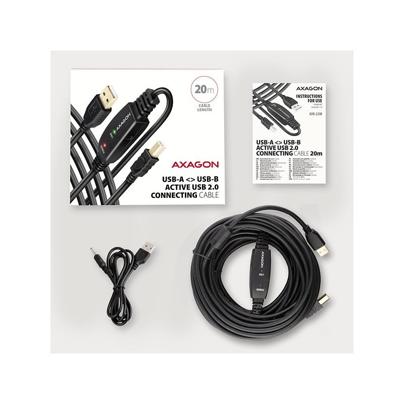 AXAGON ADR-220B, USB 2.0 A-M - B-M aktívny prepojovací / repeater kábel, 20m