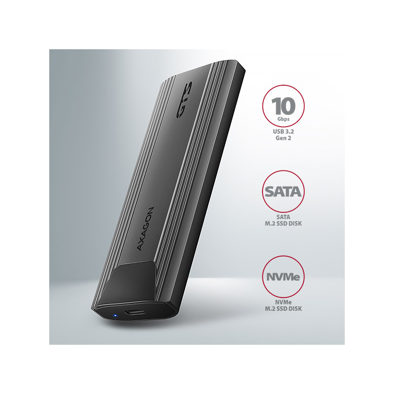 AXAGON EEM2-GTS2, 10 Gbps USB-C - M.2 NVM & SATA SSD kovový THIN box, bezšroubový