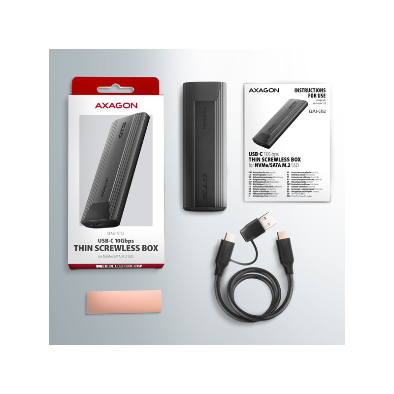 AXAGON EEM2-GTS2, 10 Gbps USB-C - M.2 NVM & SATA SSD kovový THIN box, bezšroubový